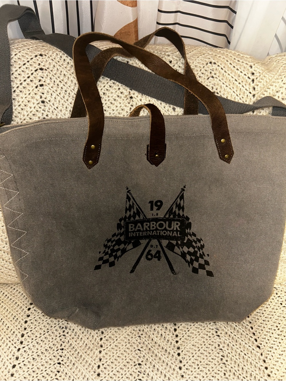 Barbour Gray Canvas Duffel Tote with Brown Leather Handles